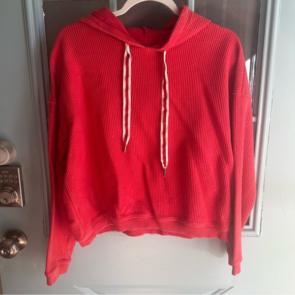 aerie Tops - Aerie Ribbed Drawstring Cotton Hoodie Hooded Sweatshirt Red Oversized Chunky S